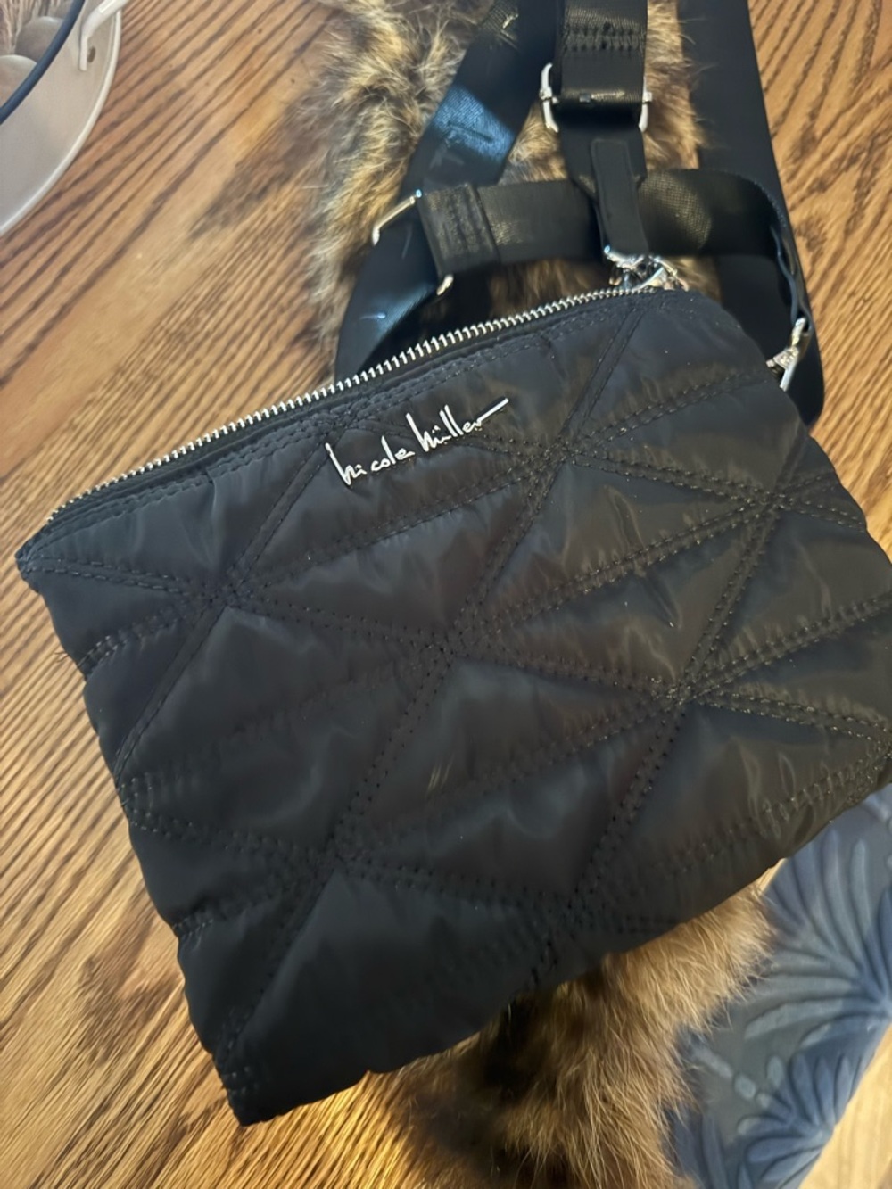 Nicola Miller Black Quilted Nylon Crossbody Bag with Wide Strap